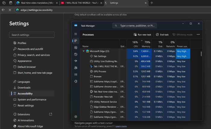 edge live audio translation memory usage