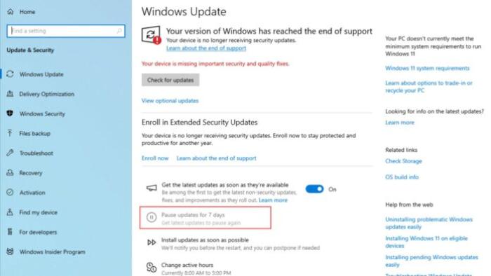 Windows 10 PCs can’t pause updates unless enrolled in the ESU program