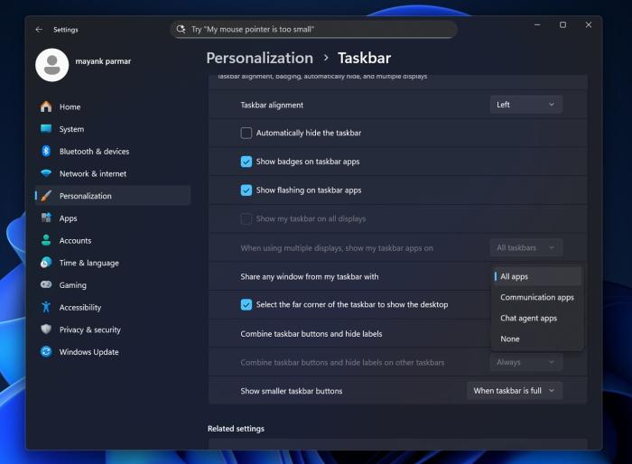 Windows 11 taskbar Copilot sharing screen